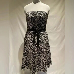Michelle Antonelli Black Strapless Dress with Scribbles and Tie Belt, size 10